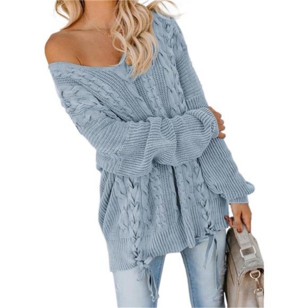 Powder Blue V-neck Loose Cable Knit Sweater, Medium